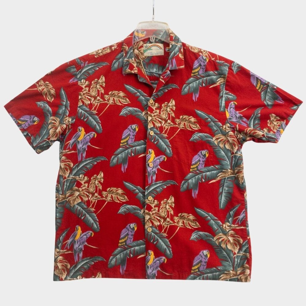 Vintage Paradise Found Hawaiian Shirt Mens Large Red Magnum PI Parrot Tropical
